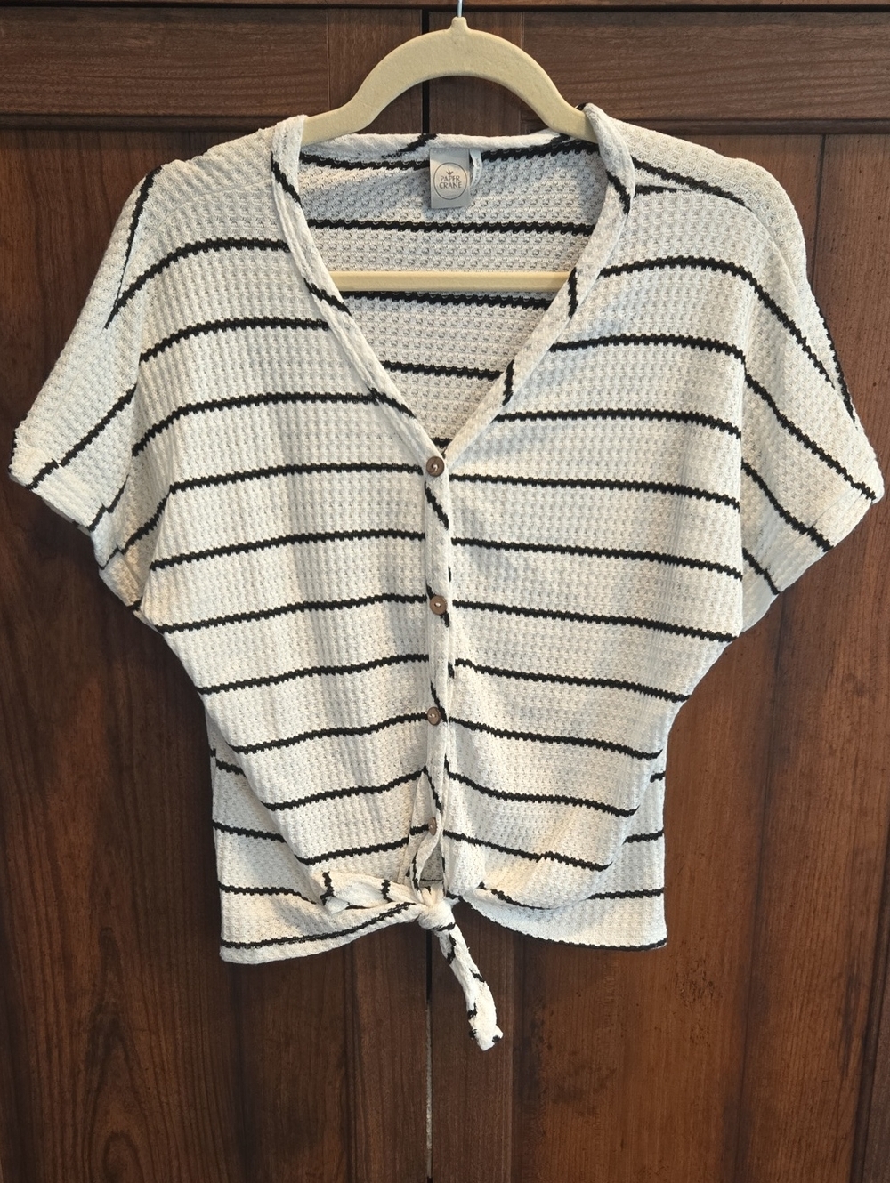 Paper Crane White Striped Button-Front Tie Hem Top